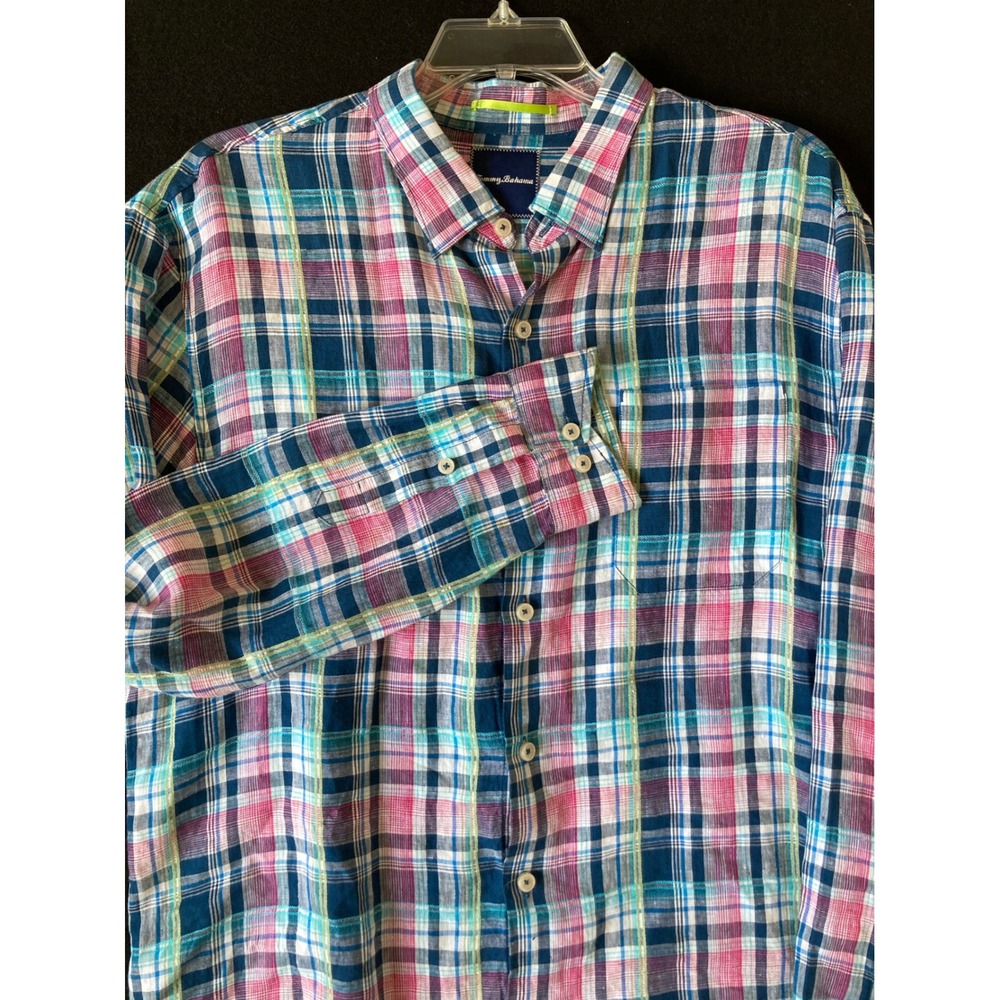 Tommy Bahama Mens XL Linen Plaid Long Sleeve Button Down Shirt Blue Pink Teal‎